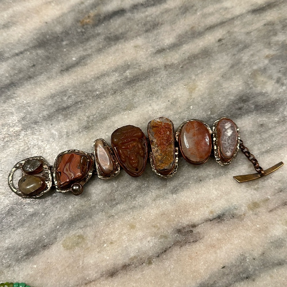 Copper and sterling silver with quartz and petrified wood stone bracelet